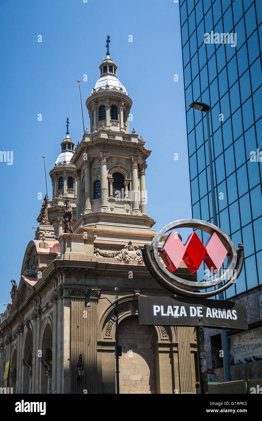 The Metropolitan Cathedral bell towers in Plaza de Armas in Santiago
