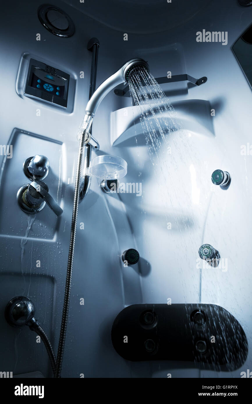 Water from the shower in the modern bathroom Stock Photo Alamy