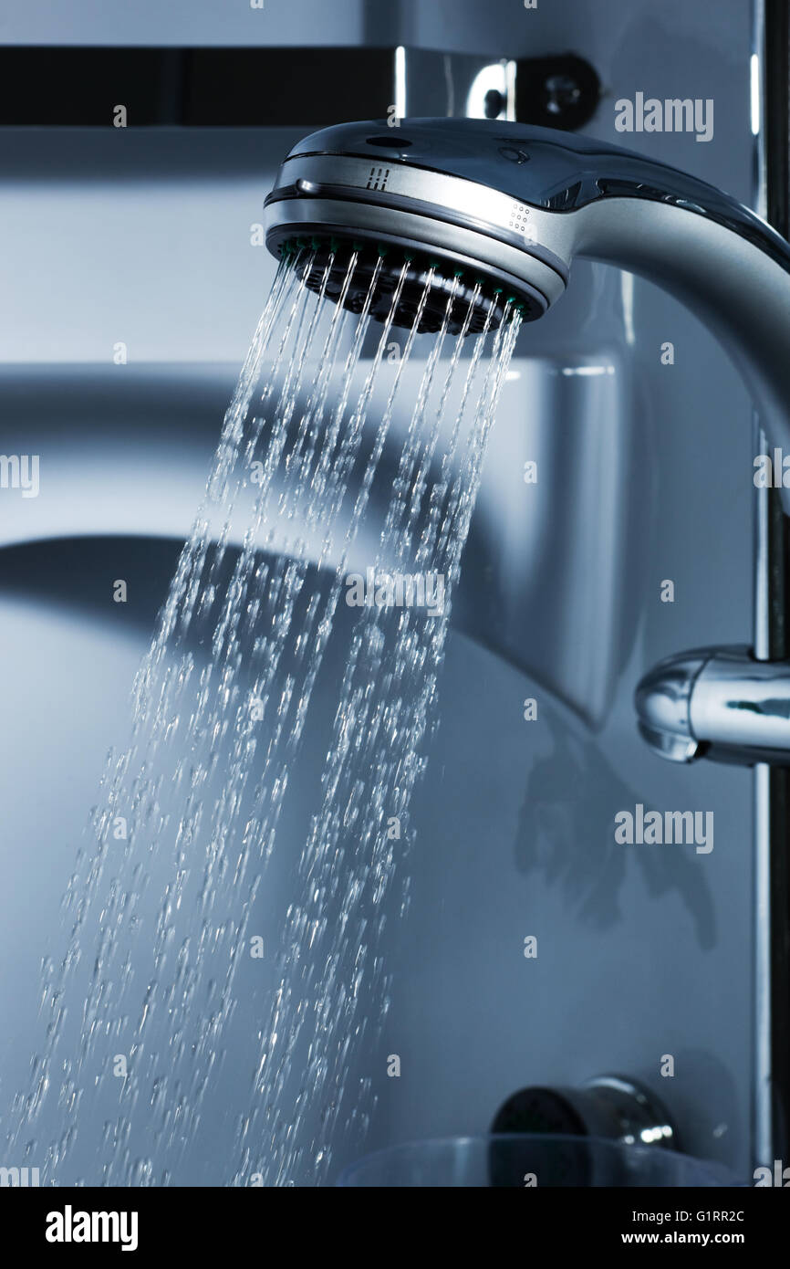 Water from the shower in the modern bathroom Stock Photo Alamy