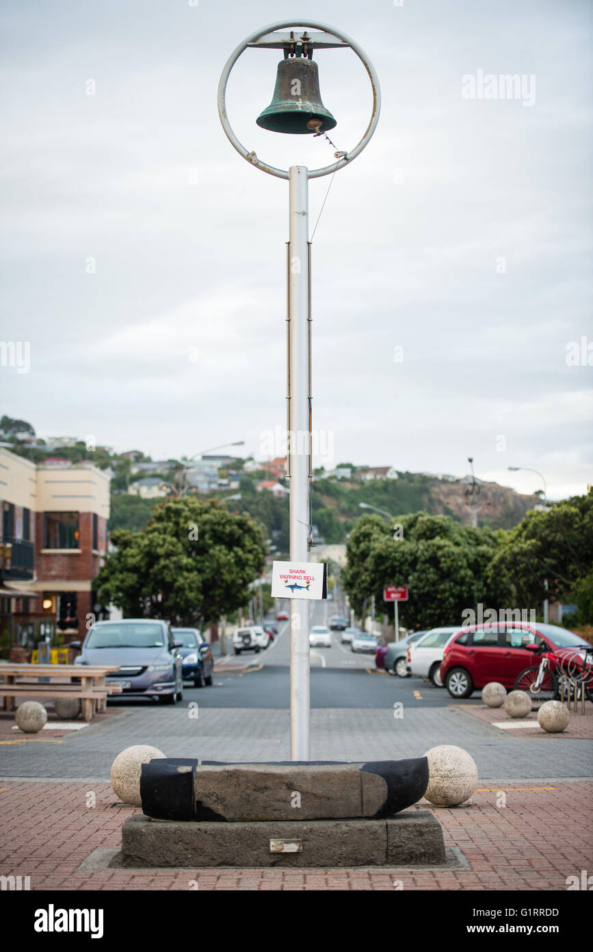 Shark Warning Bell sign and Bell Ringer at St Clair Beach, Dunedin, New Zealand Stock Photo