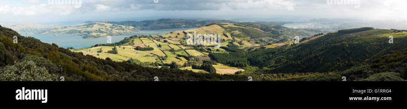 Panoramic view of Pacific coast and Otago peninsula, Dunedin, New Zealand Stock Photo