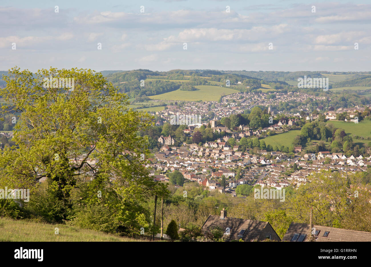 Stroud in the Stroud Valley from the Cotswold Way on Selsley Common, Gloucestershire, England, UK Stock Photo
