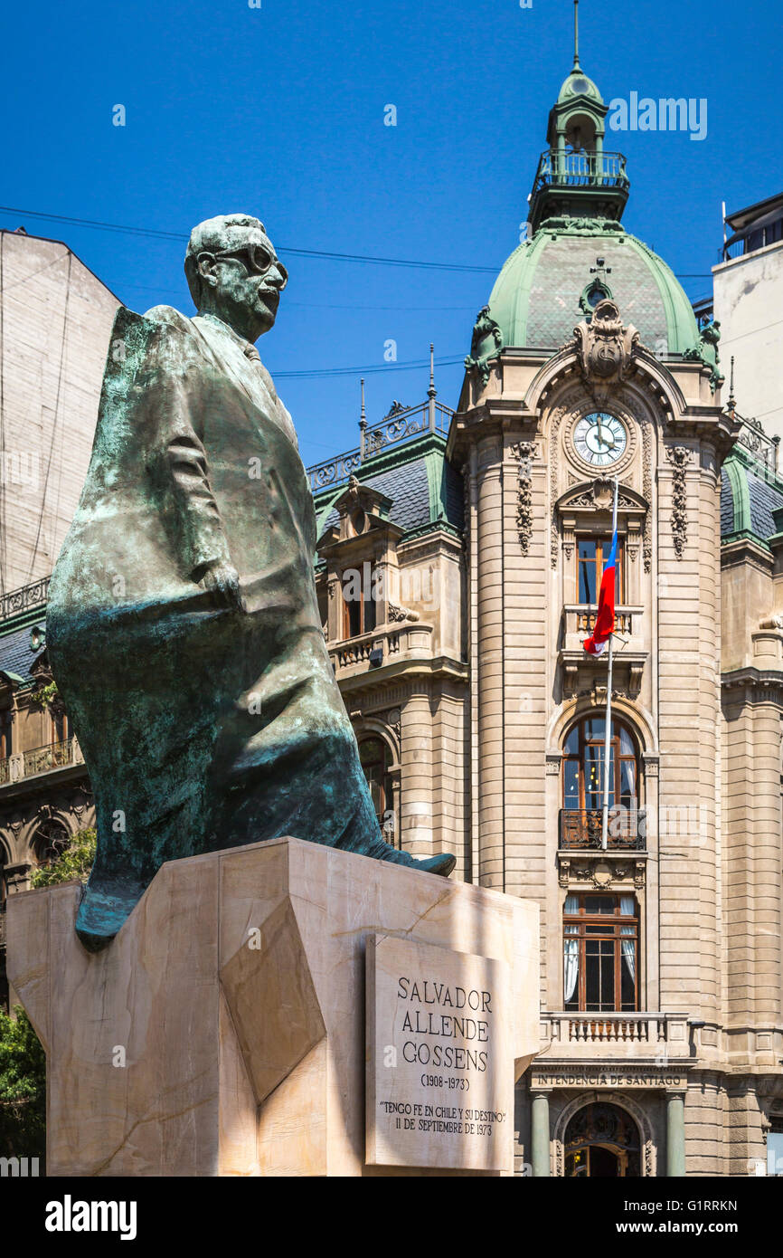 A statue of  President Salvador Allende Gossens in the Constitution Plaza in Santiago, Chile, South America. Stock Photo