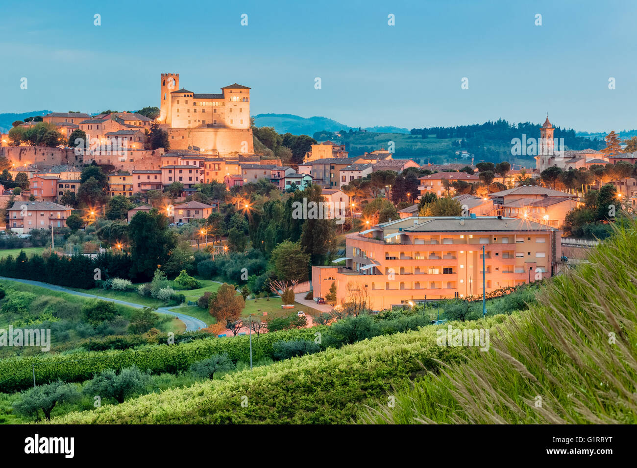 Night view of castle and roofs of houses in the tranquility of a ...