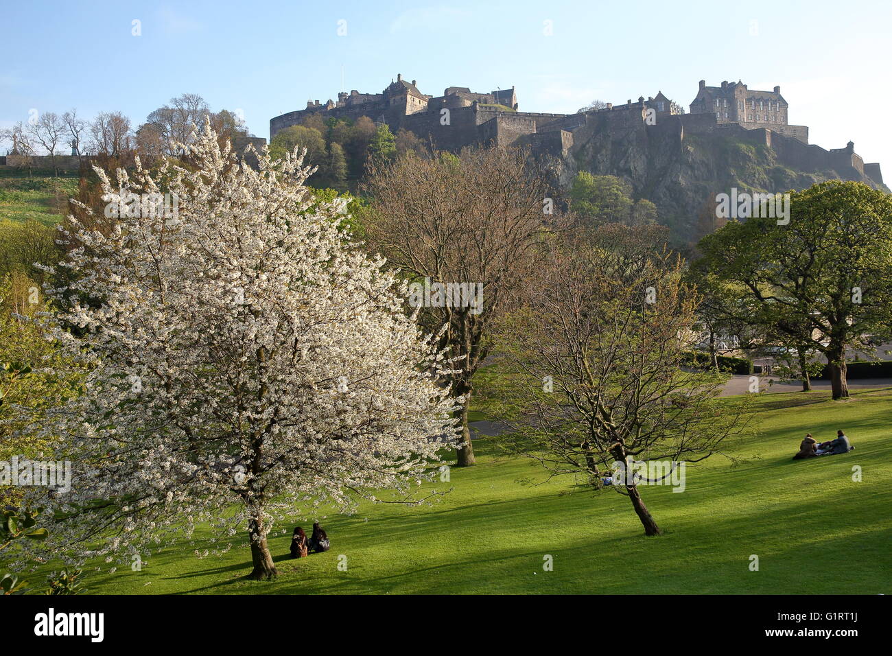 View of Edinburgh Castle and Princes Street Gardens with spring colours Stock Photo