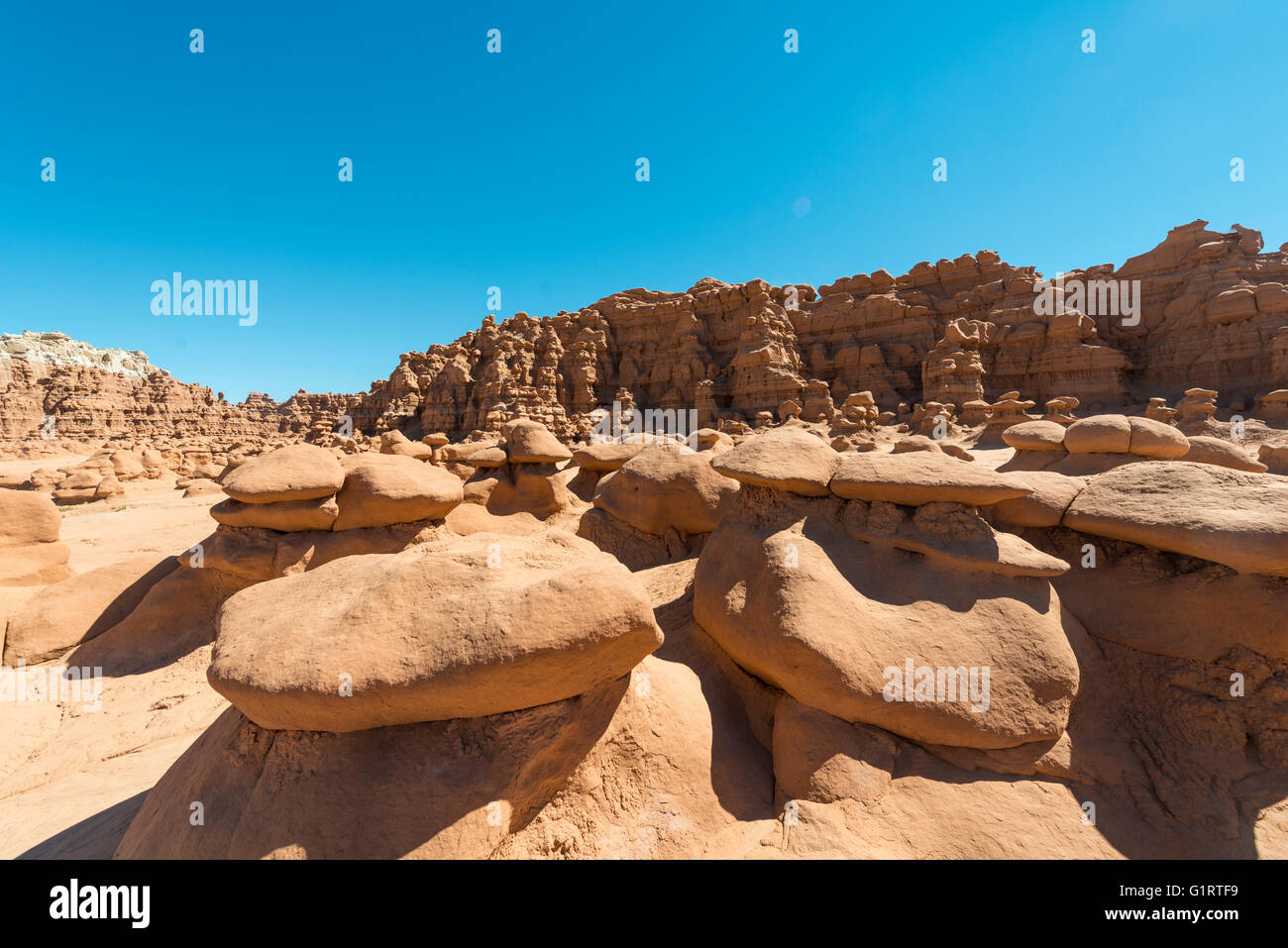 Eroded hoodoos, Entrada Sandstone rock formation, Goblin Valley State Park, San Rafael Reef Desert, Utah, Southwest, USA Stock Photo
