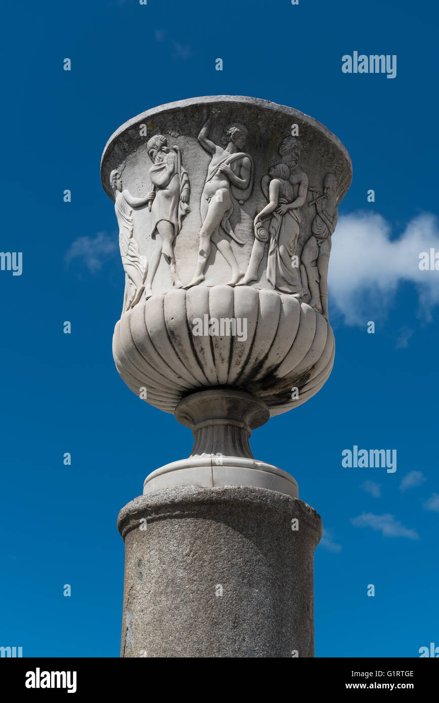 Sculpture resembling chalice with figure relief, Piazza del Duomo, Piazza dei Miracoli, Province of Pisa, Tuscany, Italy Stock Photo