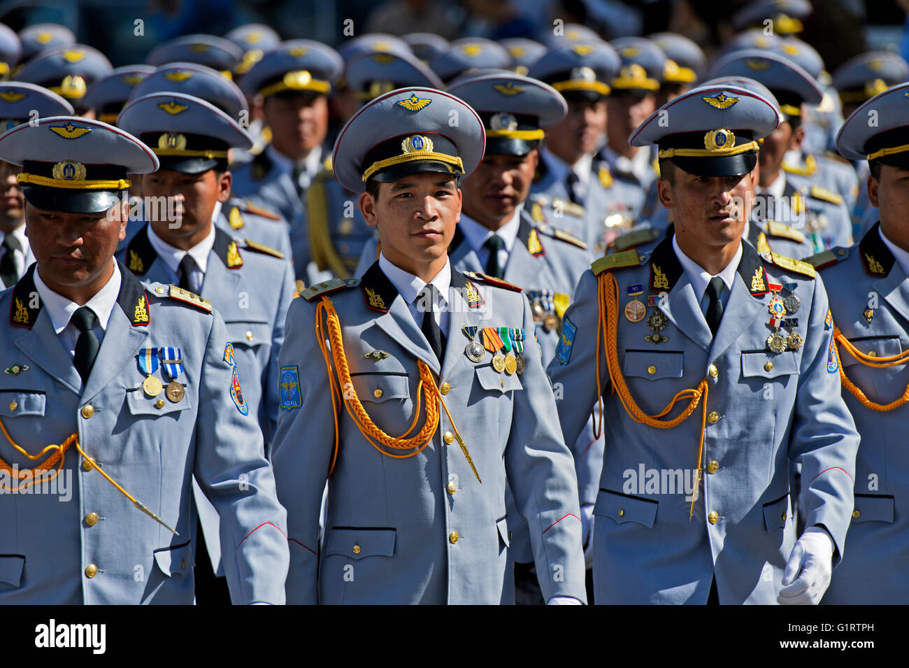 Uniformed men with military parade, unit of air defense troops, Ulaanbaatar, Mongolia Stock Photo