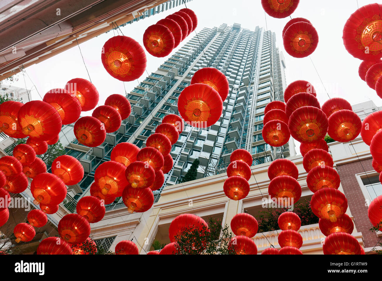 Shopping arcade decorated with red lanterns, Lee Tung Avenue Shopping Mall, District Wan Chai, Hong Kong Island, Hong Kong Stock Photo