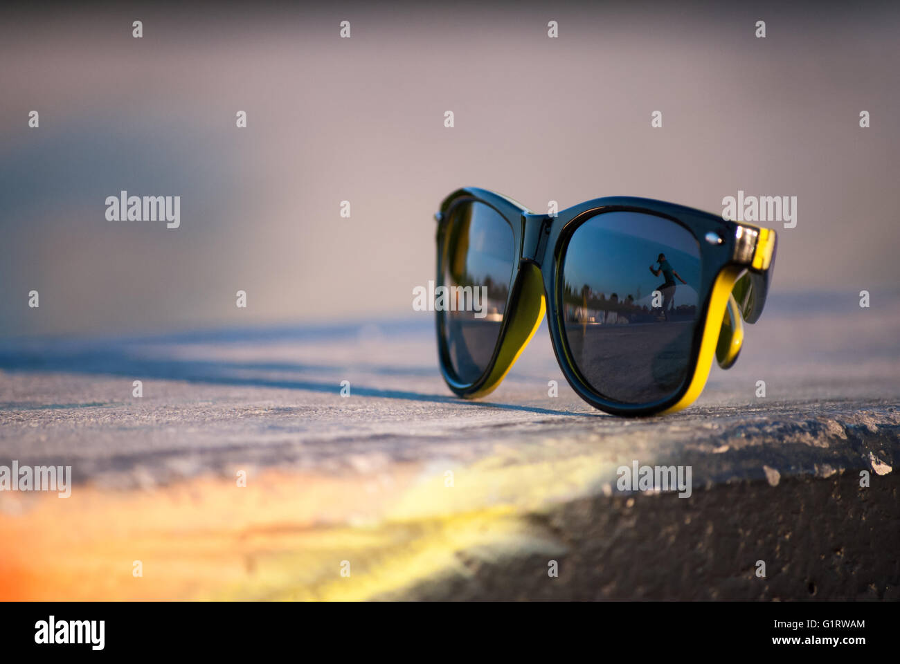 Sunglasses hanging out in a skateboard park, downtown Ottawa. Stock Photo