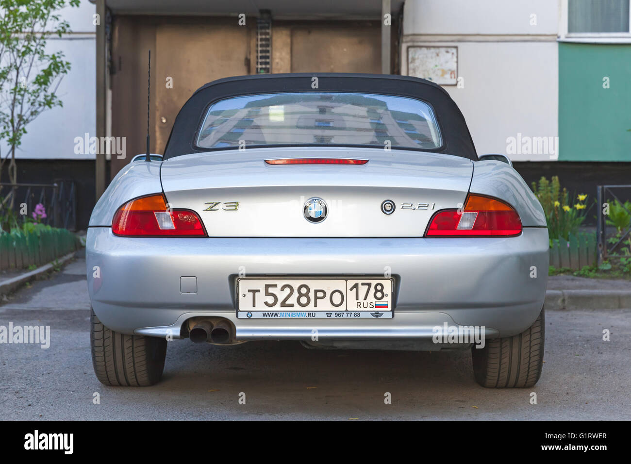 Saint-Petersburg, Russia - May 12, 2016: Silver gray BMW Z3 car stands parked on the roadside, rear view Stock Photo