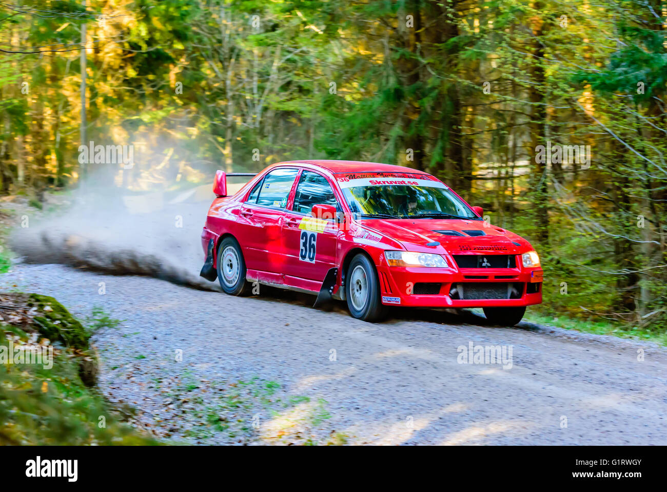 Karlskrona, Sweden - May 6, 2016: 41st South Swedish Rally in the woods outside town on gravel road on special stage 2. Team Nys Stock Photo