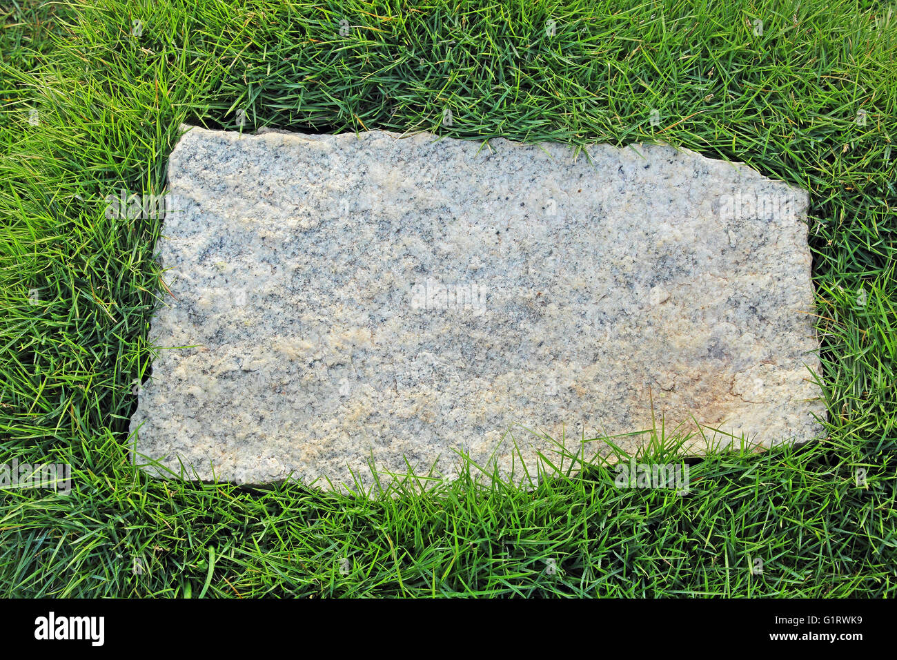 Rough rectangular granite stone with natural grass border Stock Photo