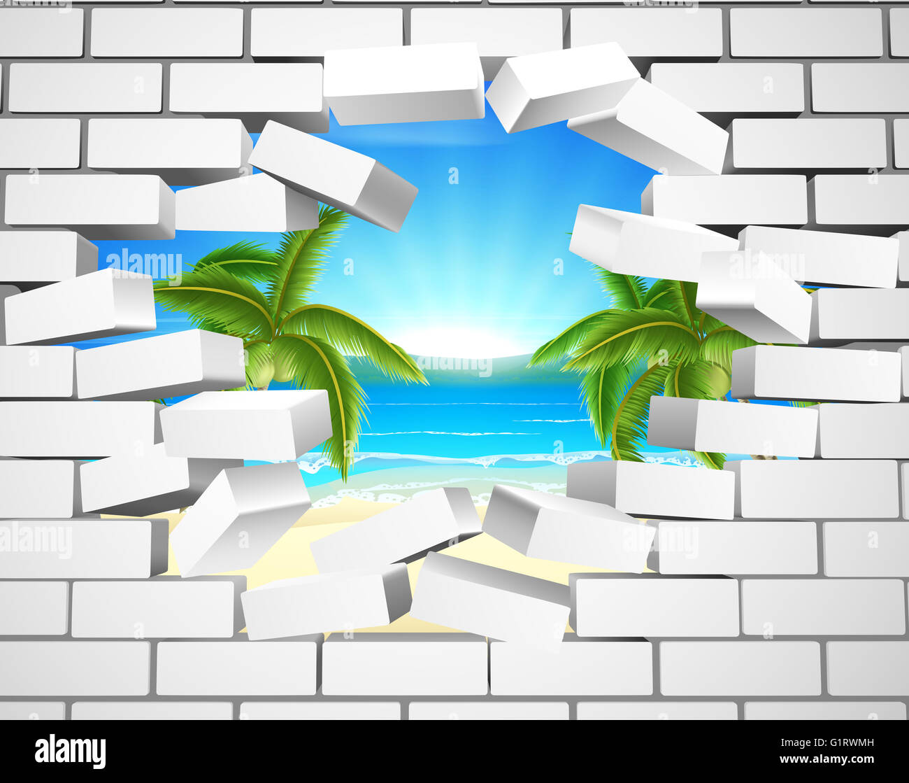 A tropical beach visible behind a white brick wall. Concept for opportunity or a positive future. Stock Photo