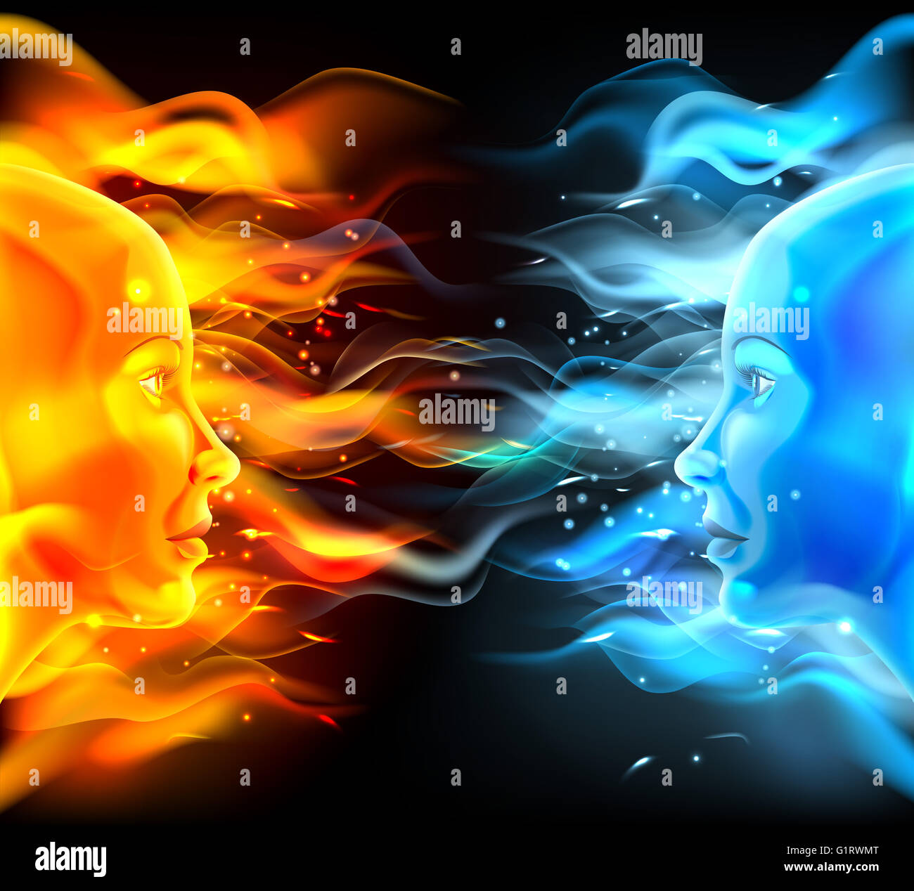 Opposites faces concept of two faces with fire or flames one hot orange and one cold blue. Could be a concept for the sun and mo Stock Photo