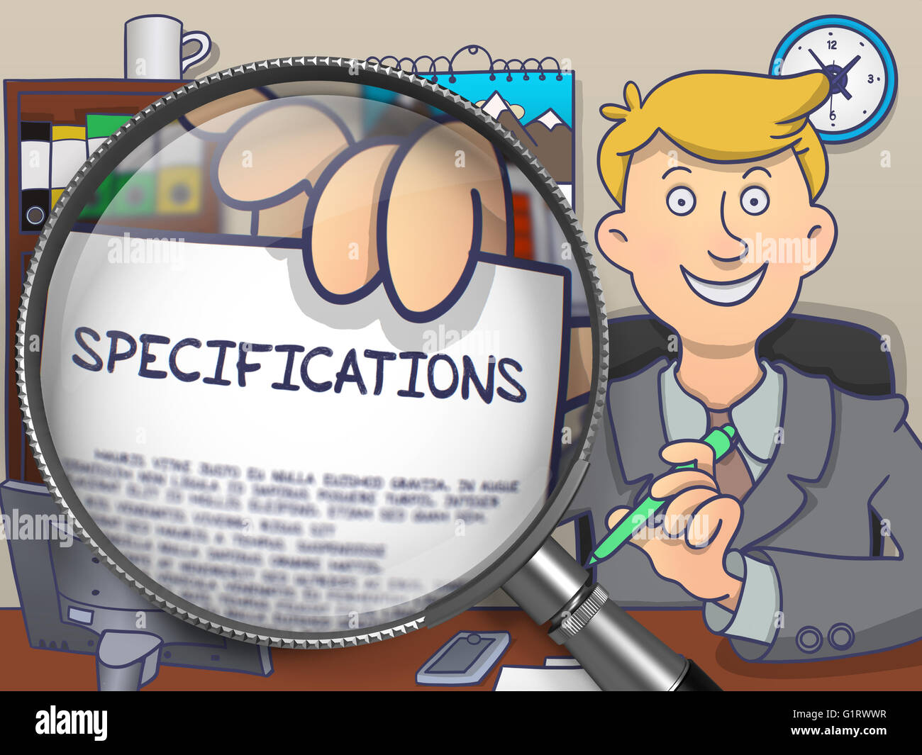 Specifications through Magnifier. Doodle Style Stock Photo Alamy