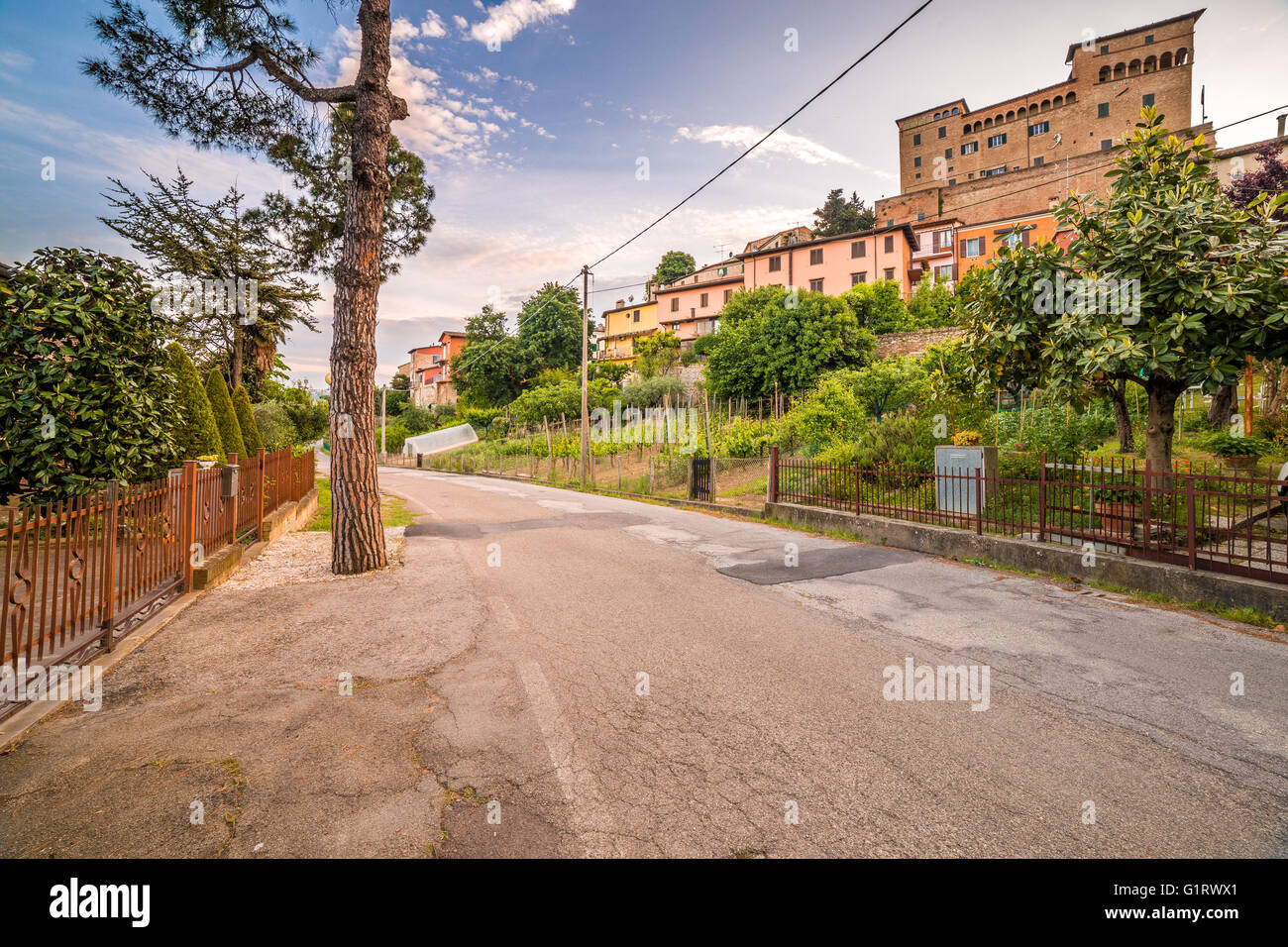 streets of a small hilltop village under 1200 AD Malatestian castle of Longiano, in Emilia Romagna in Italy Stock Photo