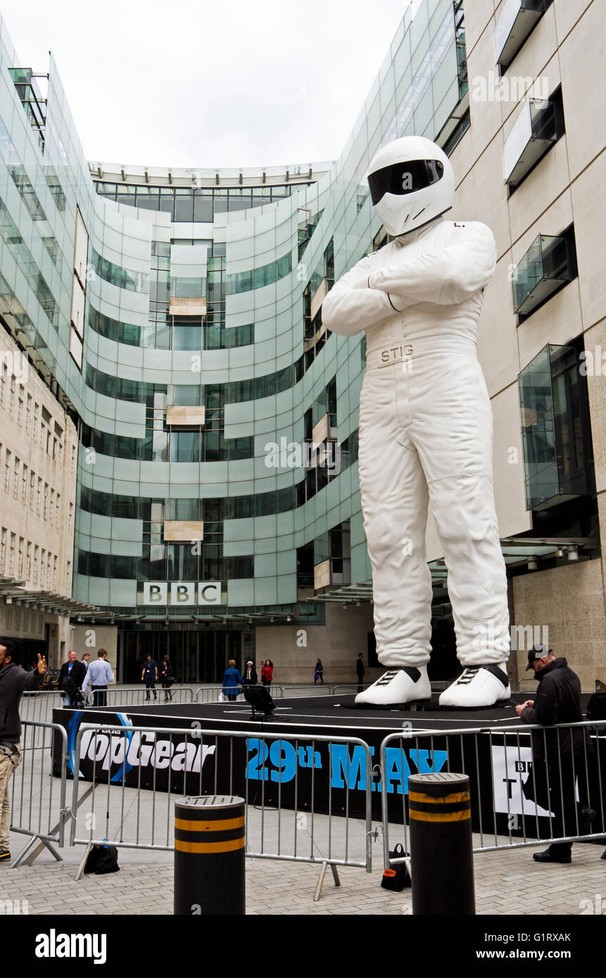 Giant model of Stig outside the BBC, to advertise the launch date of the new series of Top Gear. Stock Photo