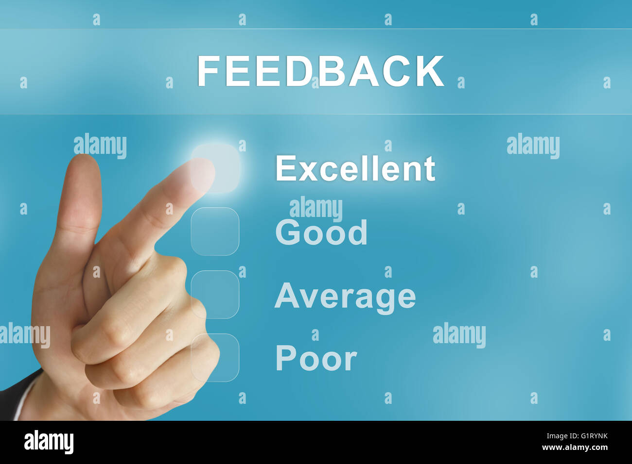business hand clicking feedback button on screen Stock Photo