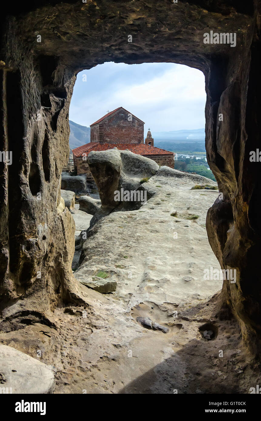 View through doorway to an old church in cave city Uplistsikhe, Georgia Stock Photo