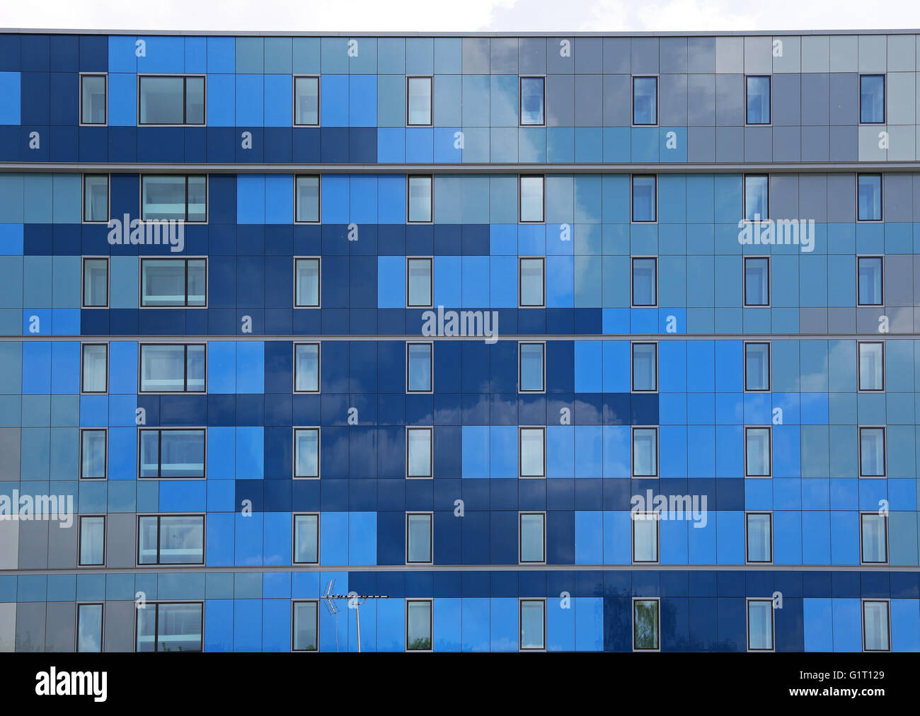 Cladding panels on the Premier Inn Hotel, Archway, London. A converted office block reclad in distinctive blue and grey panels Stock Photo