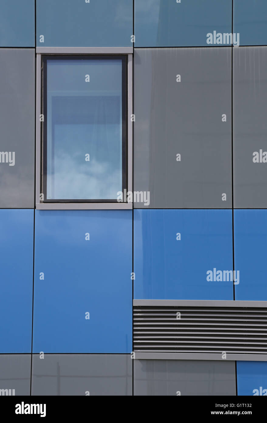Cladding detail on the Premier Inn Hotel, Archway, London. A converted office block reclad in distinctive blue and grey panels Stock Photo