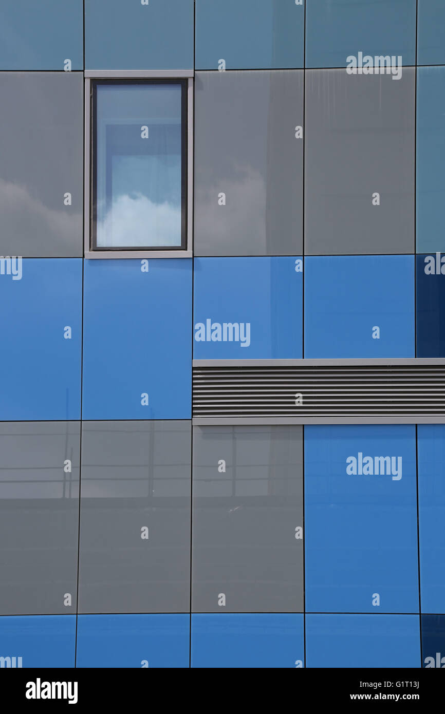 Cladding detail on the Premier Inn Hotel, Archway, London. A converted office block reclad in distinctive blue and grey panels Stock Photo