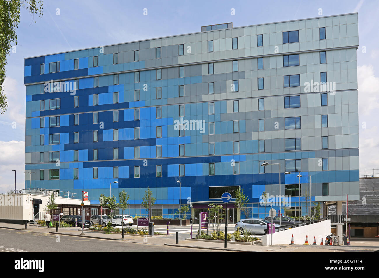 The Premier Inn Hotel, Archway, London. A converted office block refurbished and reclad in distinctive blue and grey panels Stock Photo