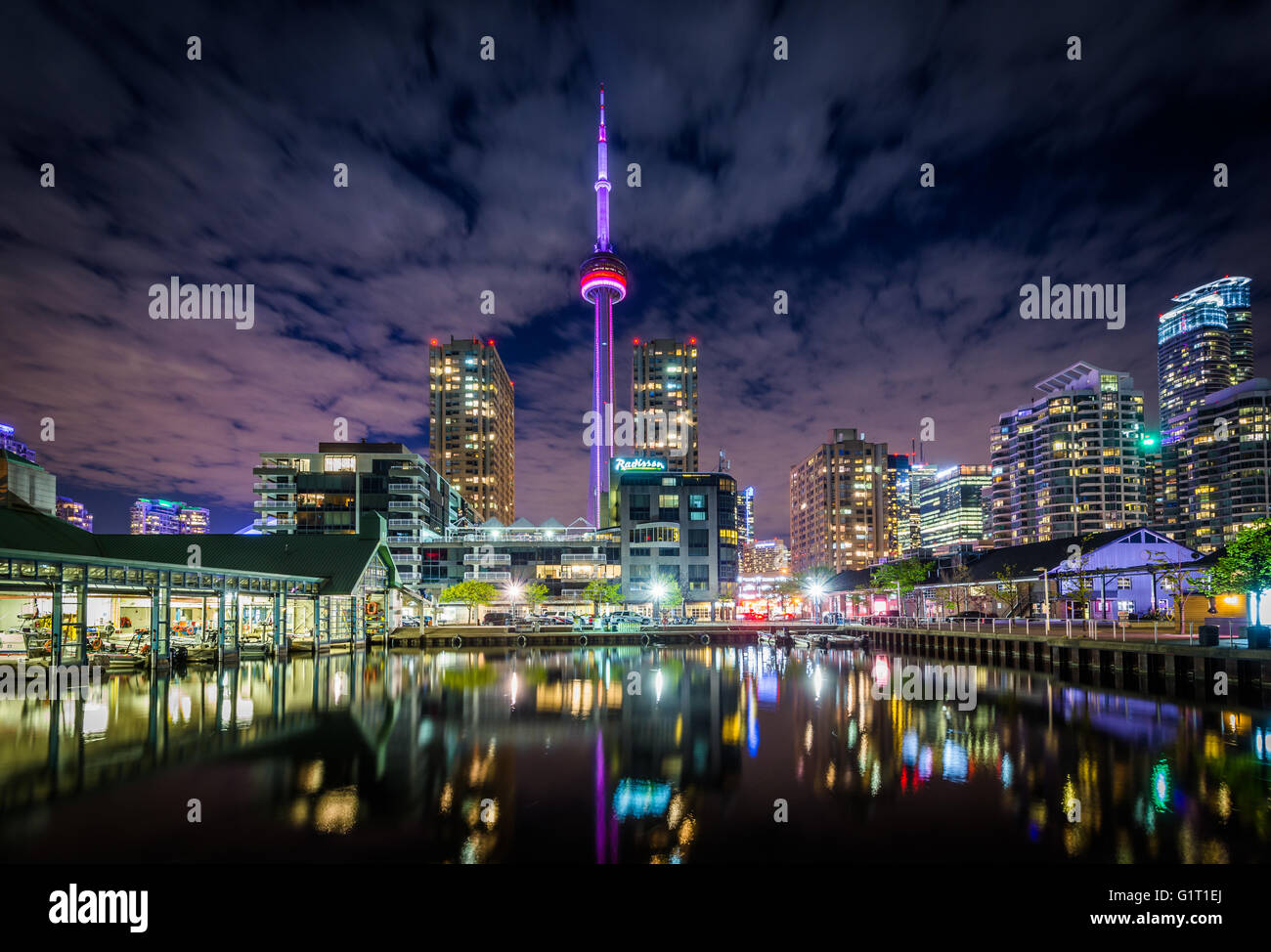 Buildings at the Harbourfront at night in Toronto, Ontario. Stock Photo