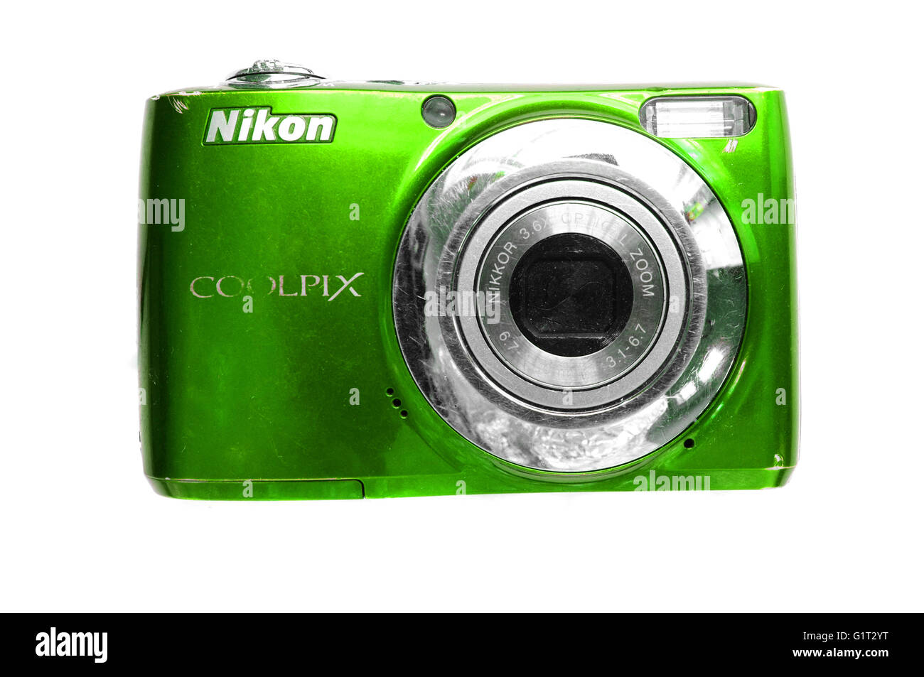 A Green Nikon digital camera photographed against a white background