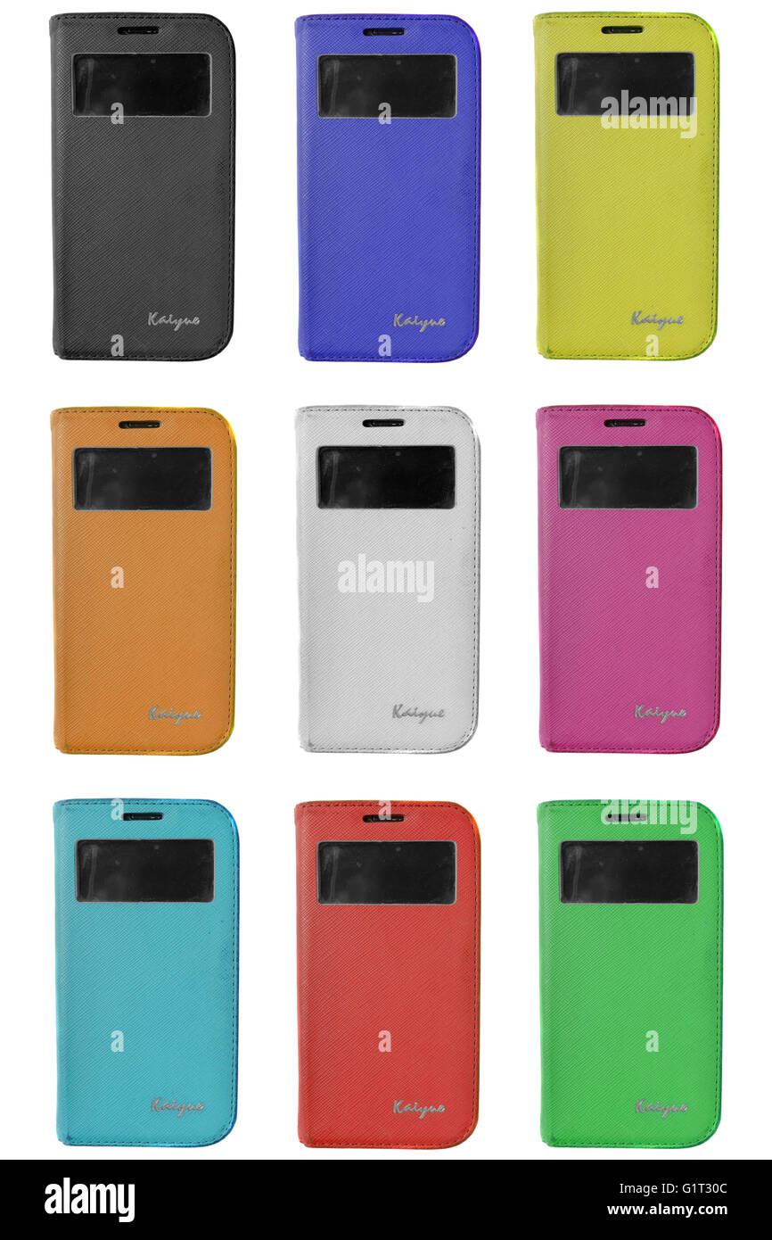 A grid of different coloured phone covers against a white background ...