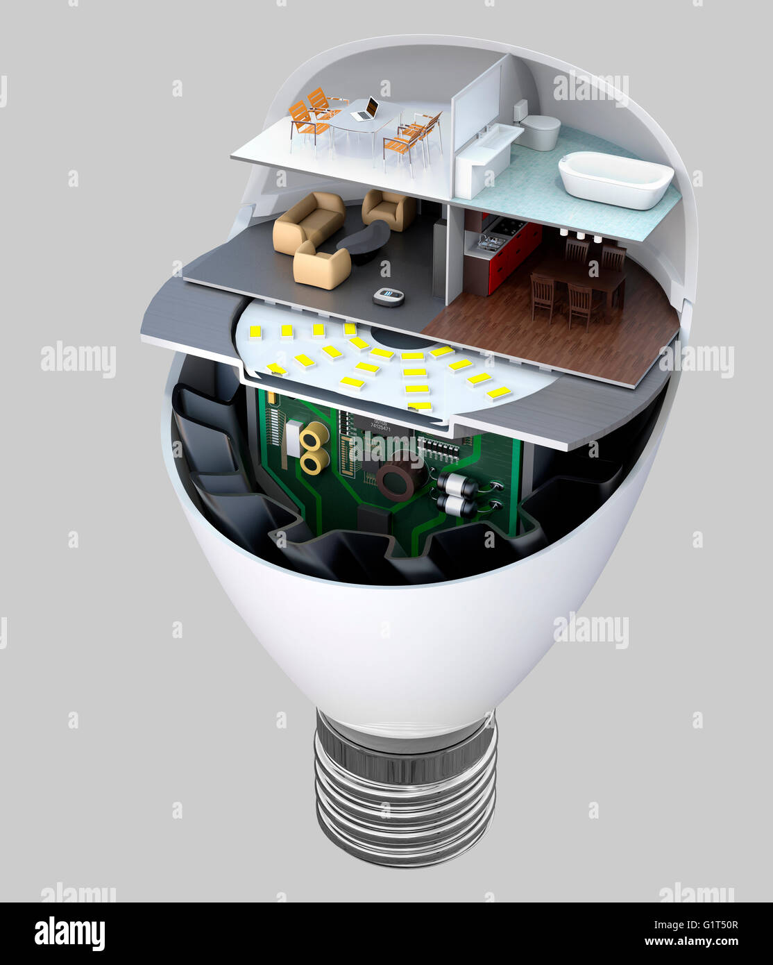 House appliances and furniture in a LED light bulb. Ecology life concept. 3D rendering image with clipping path. Stock Photo