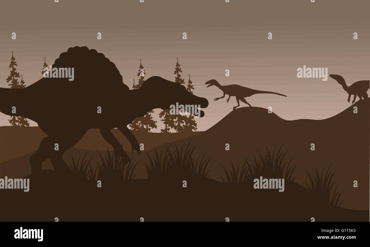 Silhouete of spinosaurus and eoraptor in hills Stock Vector Image & Art ...