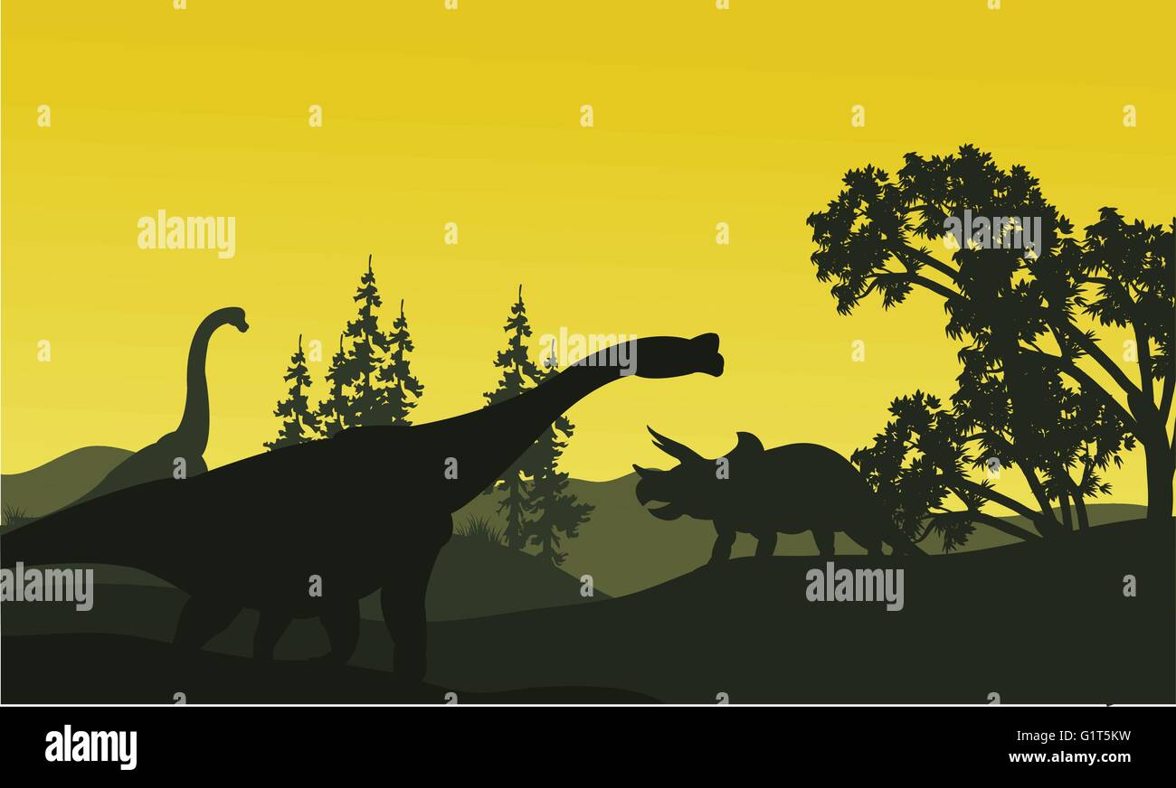 At moorning triceratops and brachiosaurus silhouette in fields Stock ...