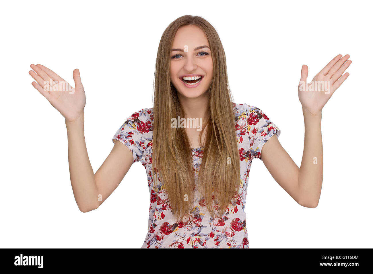 Happy Young Woman Isolated On White Background Stock Photo - Alamy