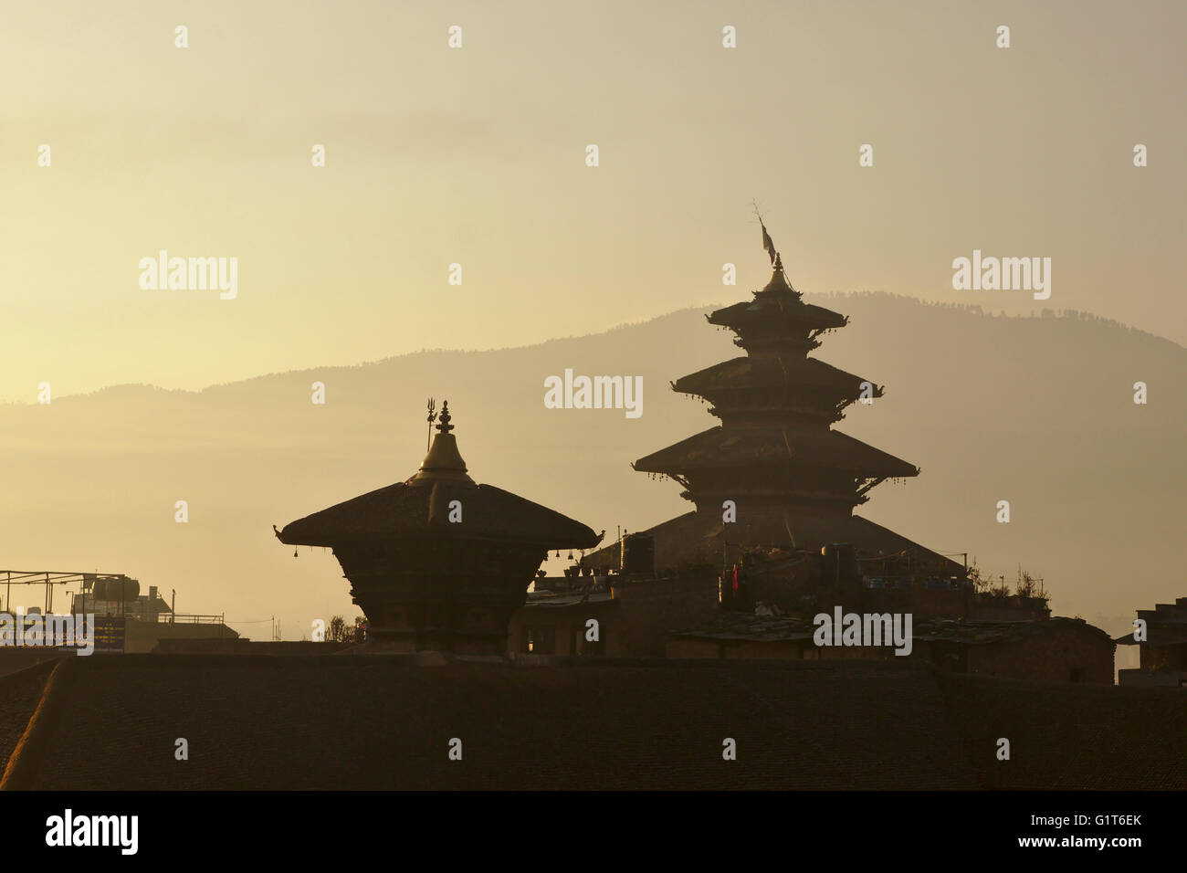 Nyatapola Temple during sunset, from stairs of Fasidega Temple, Bhaktapur, Nepal Stock Photo