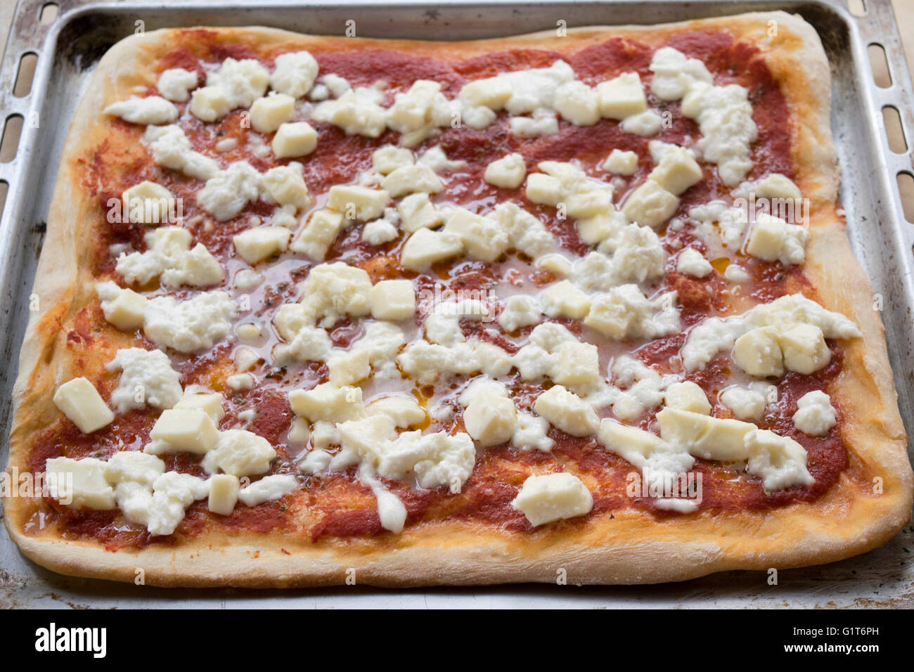 homemade margherita pizza with fresh mozzarella in a pizza pan Stock Photo