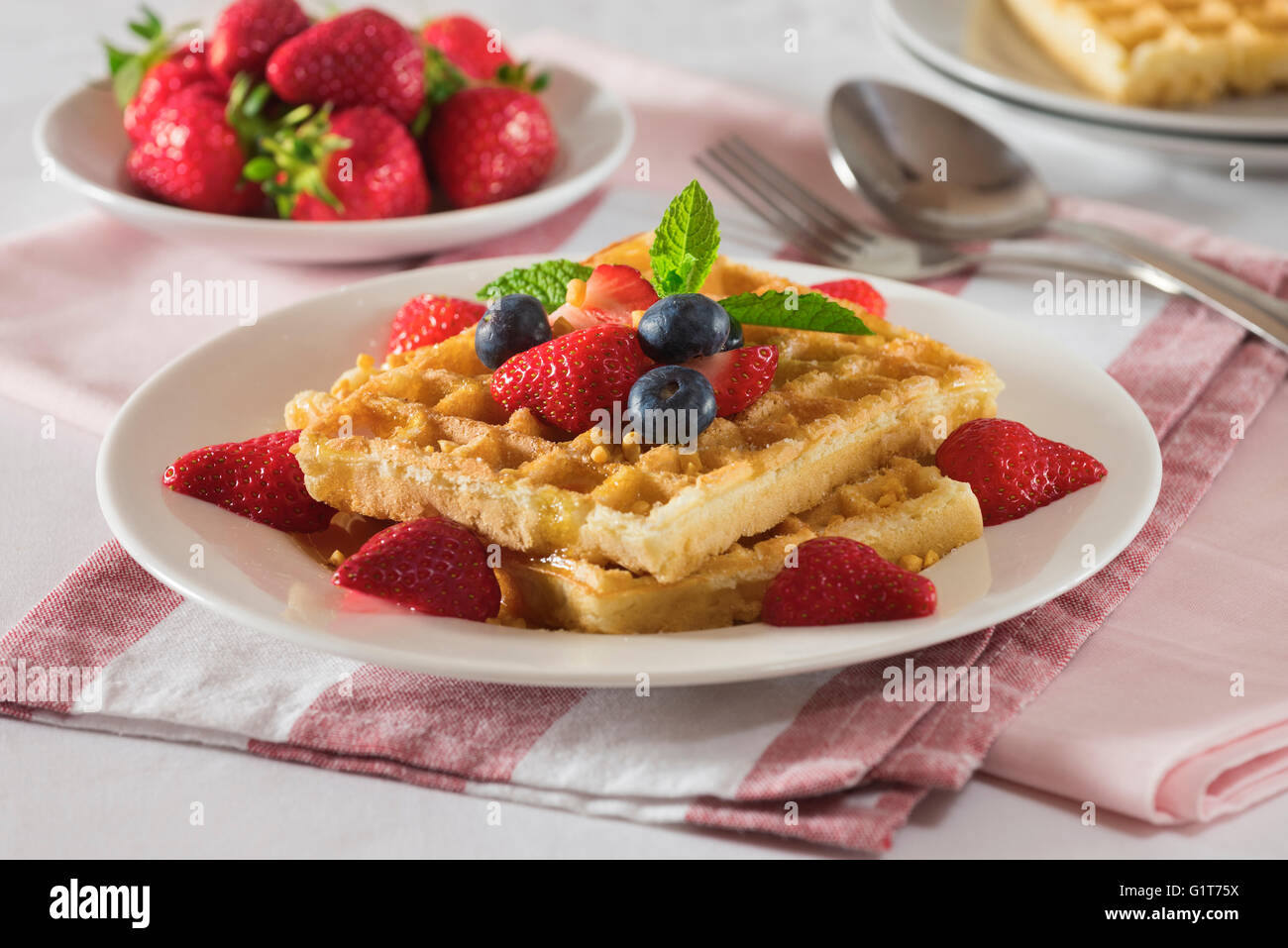 Belgian waffles Gaufres bruxelloises. Belgium Food Stock Photo