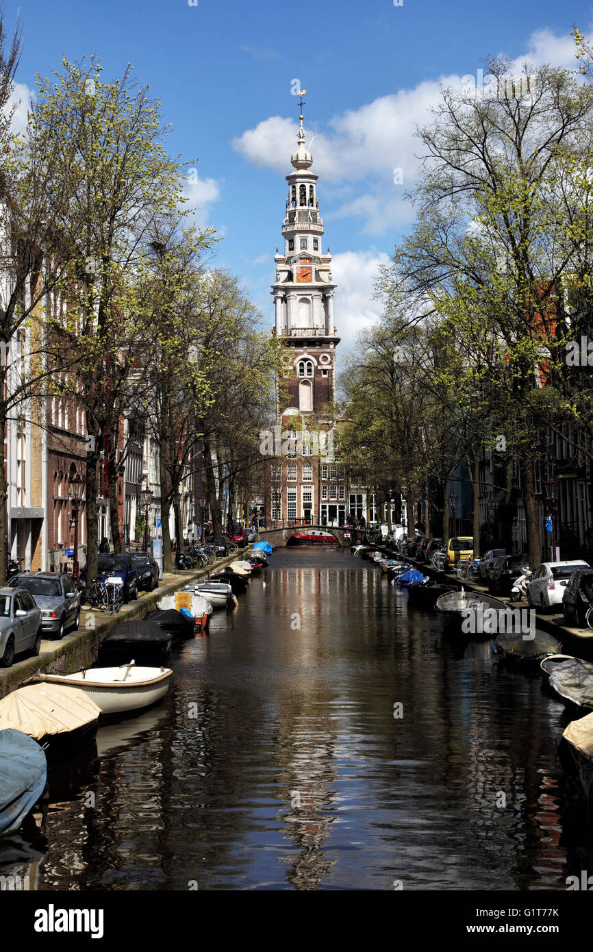 View over the Groenburgwal canal towards the Zuiderkerk in downtown Amsterdam, Netherlands, Europe. Stock Photo