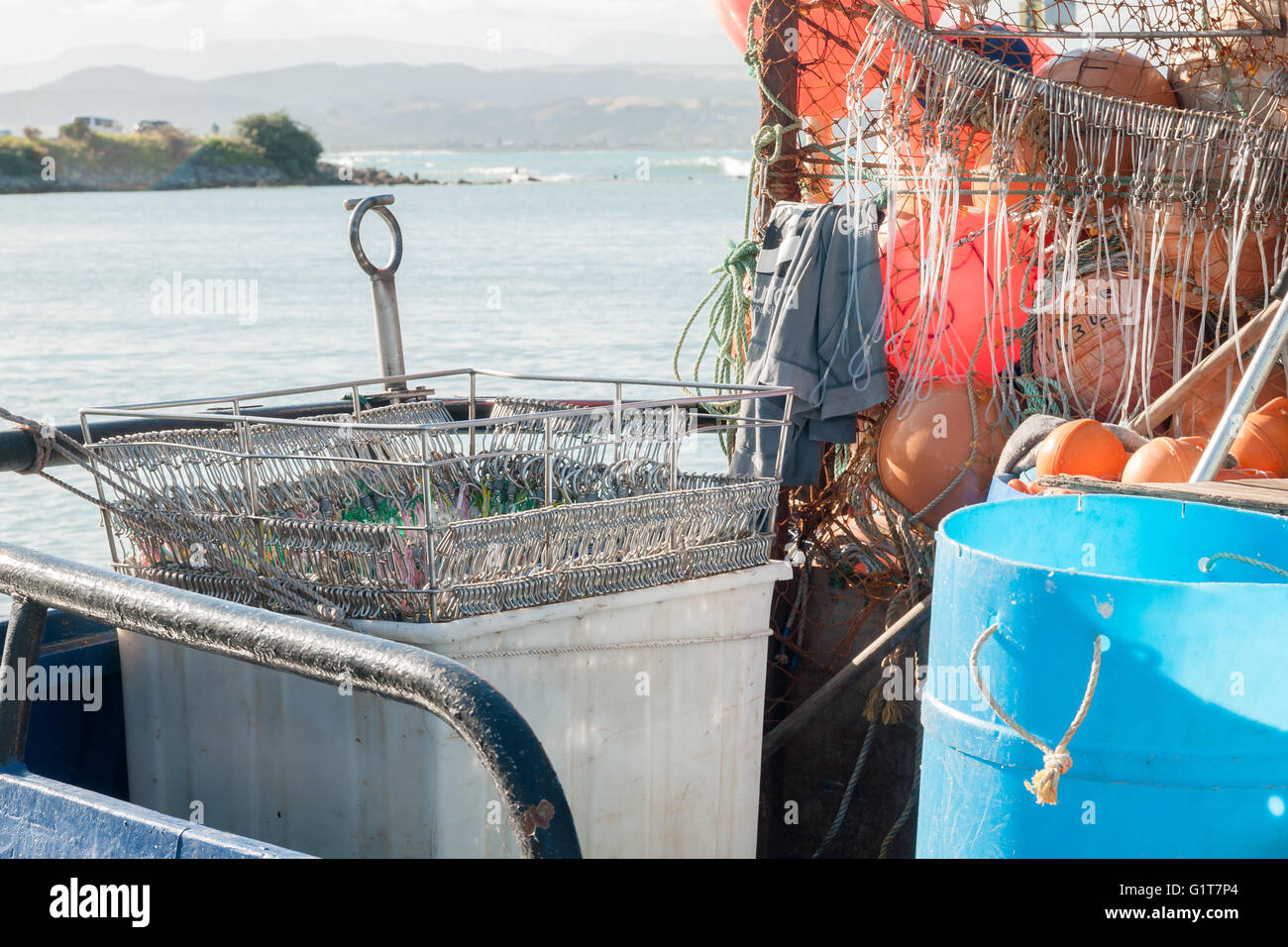 Basket of hooks and lures on a long line fishing trawler in Ahuriri harbour a port for the fishing fleet at Napier on New Zealand's East coast Stock Photo