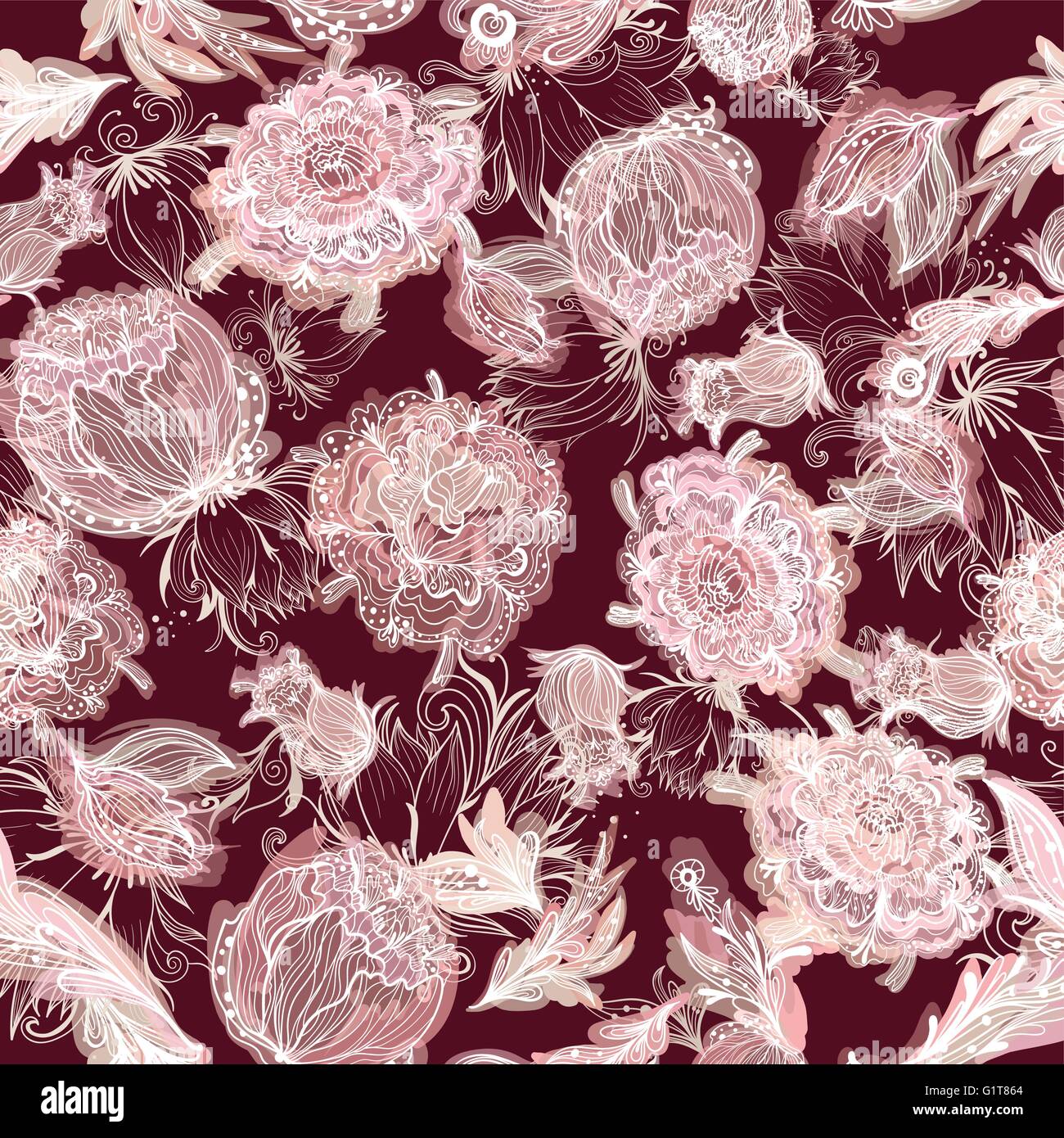 Seamless pattern with romantic flowers in sketch style with watercolor ...