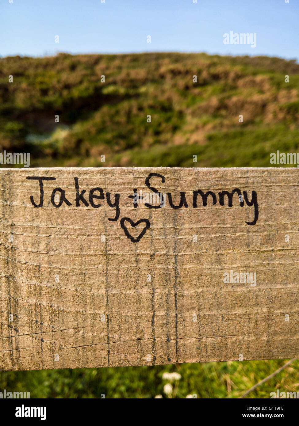 A declaration of love written on a wooden fence in the Devon countryside, England. Stock Photo