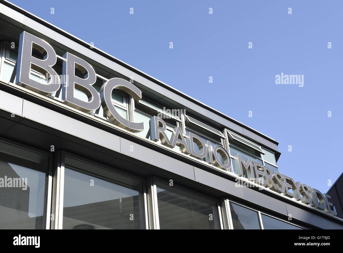 Sign at the entrance to BBC Radio Merseyside, 55 Paradise Street, Liverpool L1 3BP Stock Photo