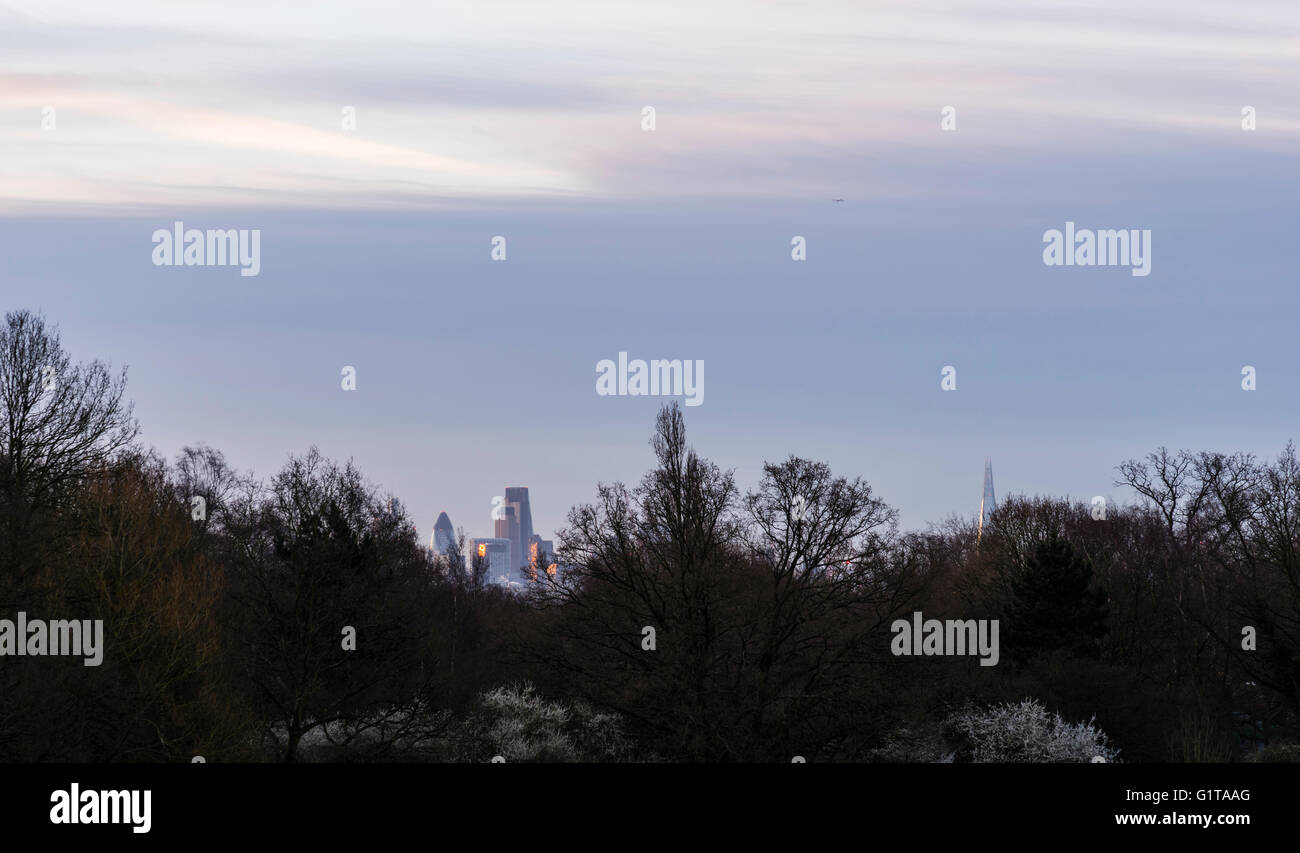 Golden reflections captured from Hampstead Heath at dawn in the buildings of the London skyline, UK. Stock Photo