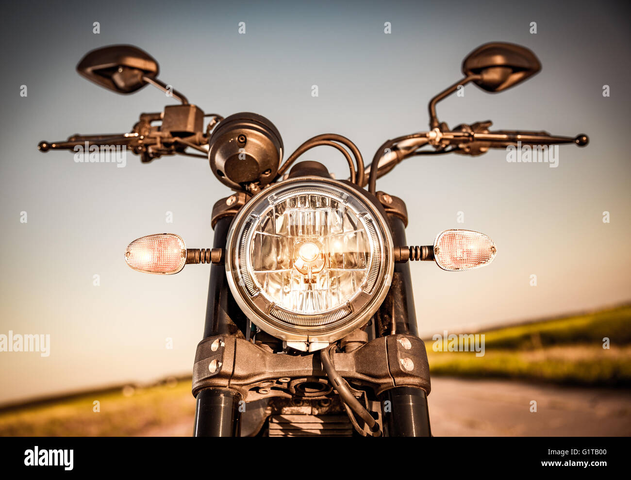 Motorcycle on the road motorcycle headlamp closeup Stock Photo