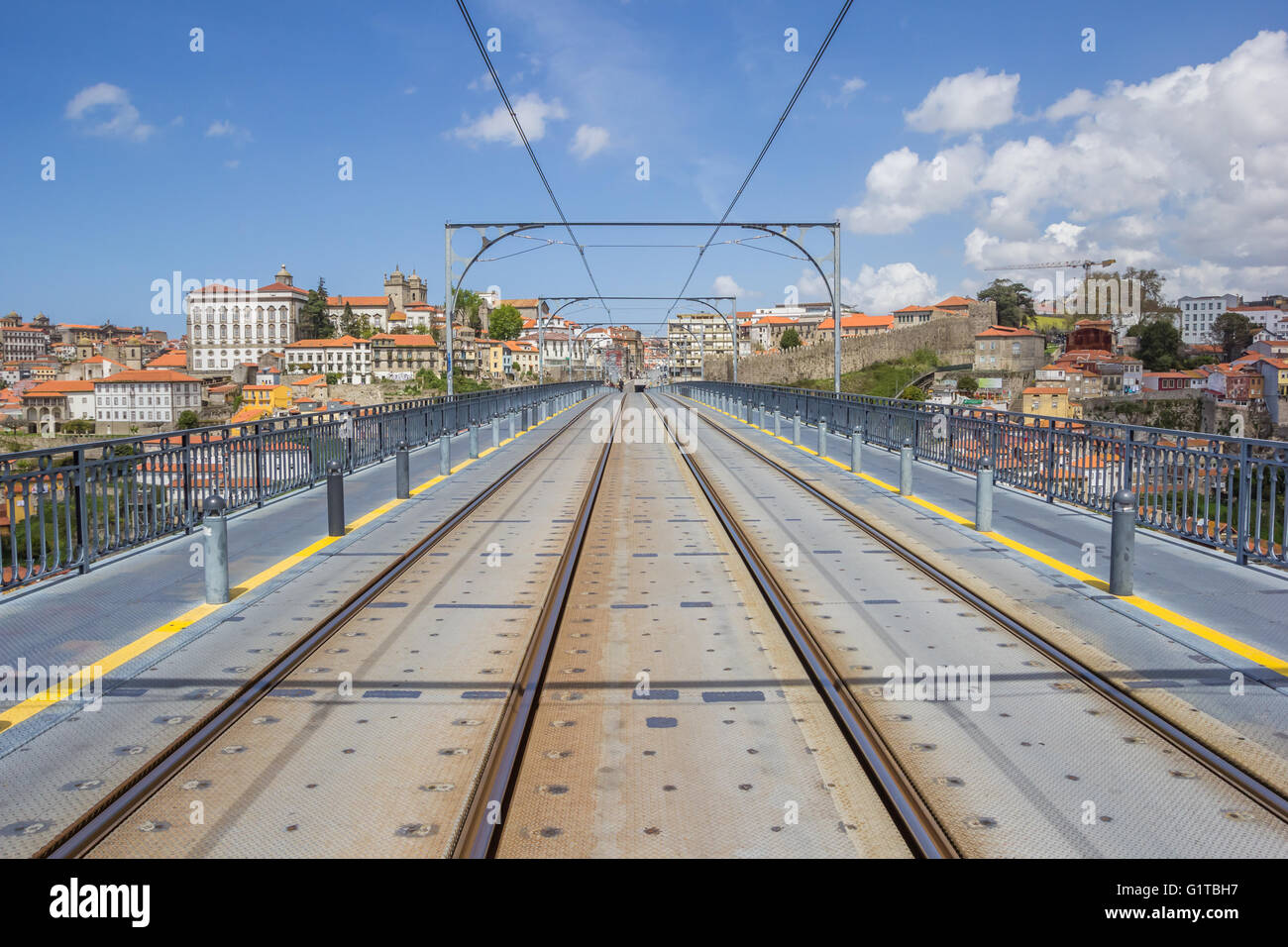 Tracks on top of the Ponte Luis I in Porto, Portugal Stock Photo