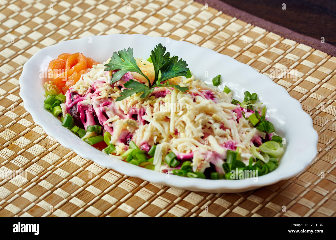 Traditional Russian salad Dressed herring Stock Photo Alamy