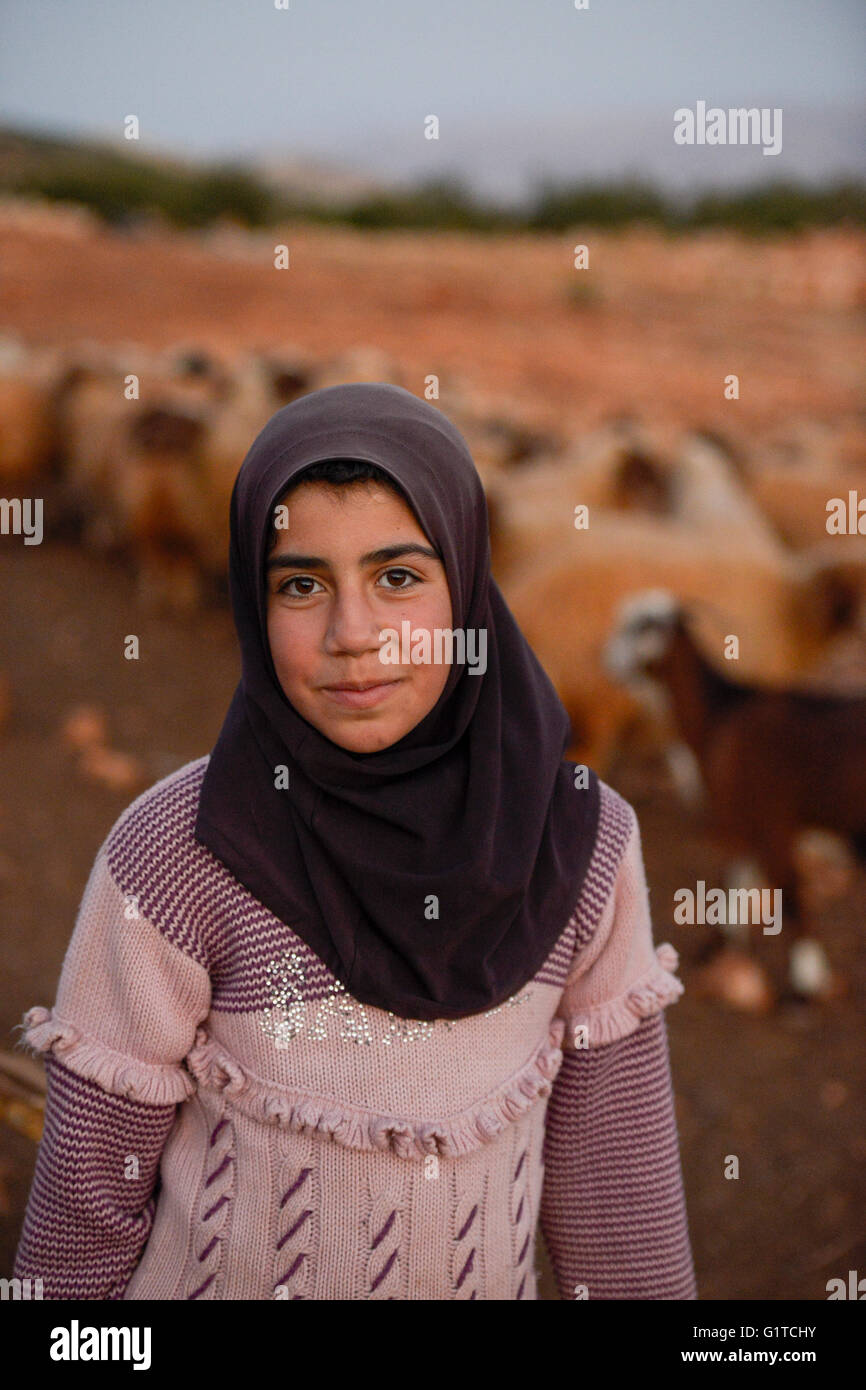 LEBANON Deir el Ahmad, a maronite christian village in Beqaa valley, syrian refugee camp, girl Roya Nayef wearing a Hijab from Syria Stock Photo