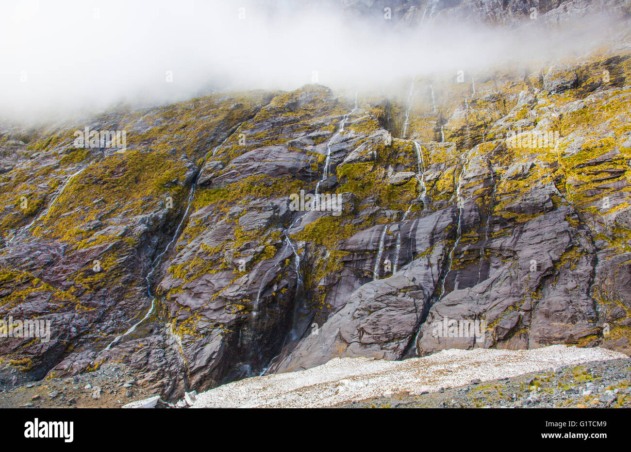 Waterfalls flowing down mountains from snowtops mountains in New ...