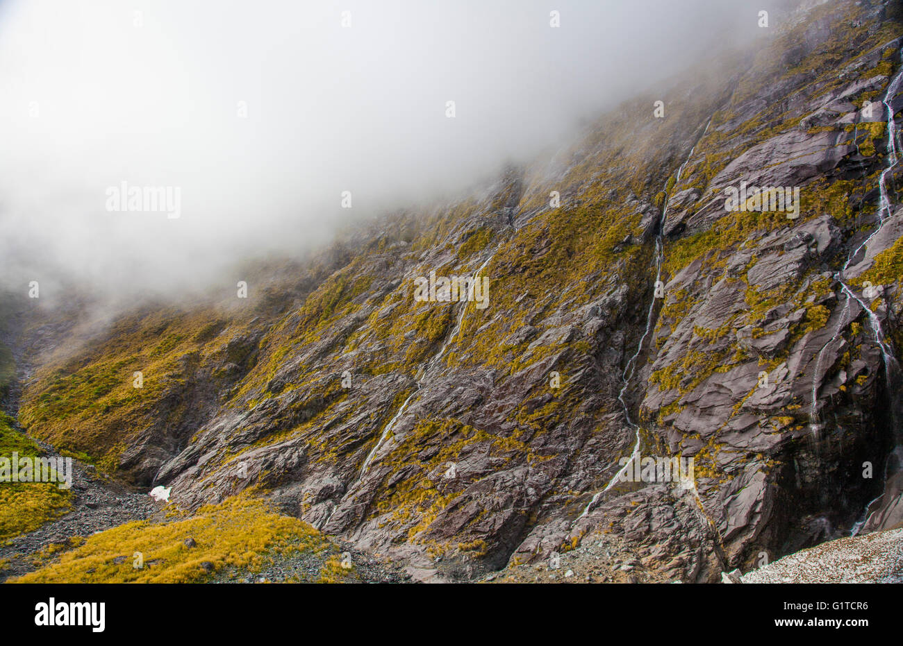Waterfalls flowing down mountains from snowtops mountains in New ...